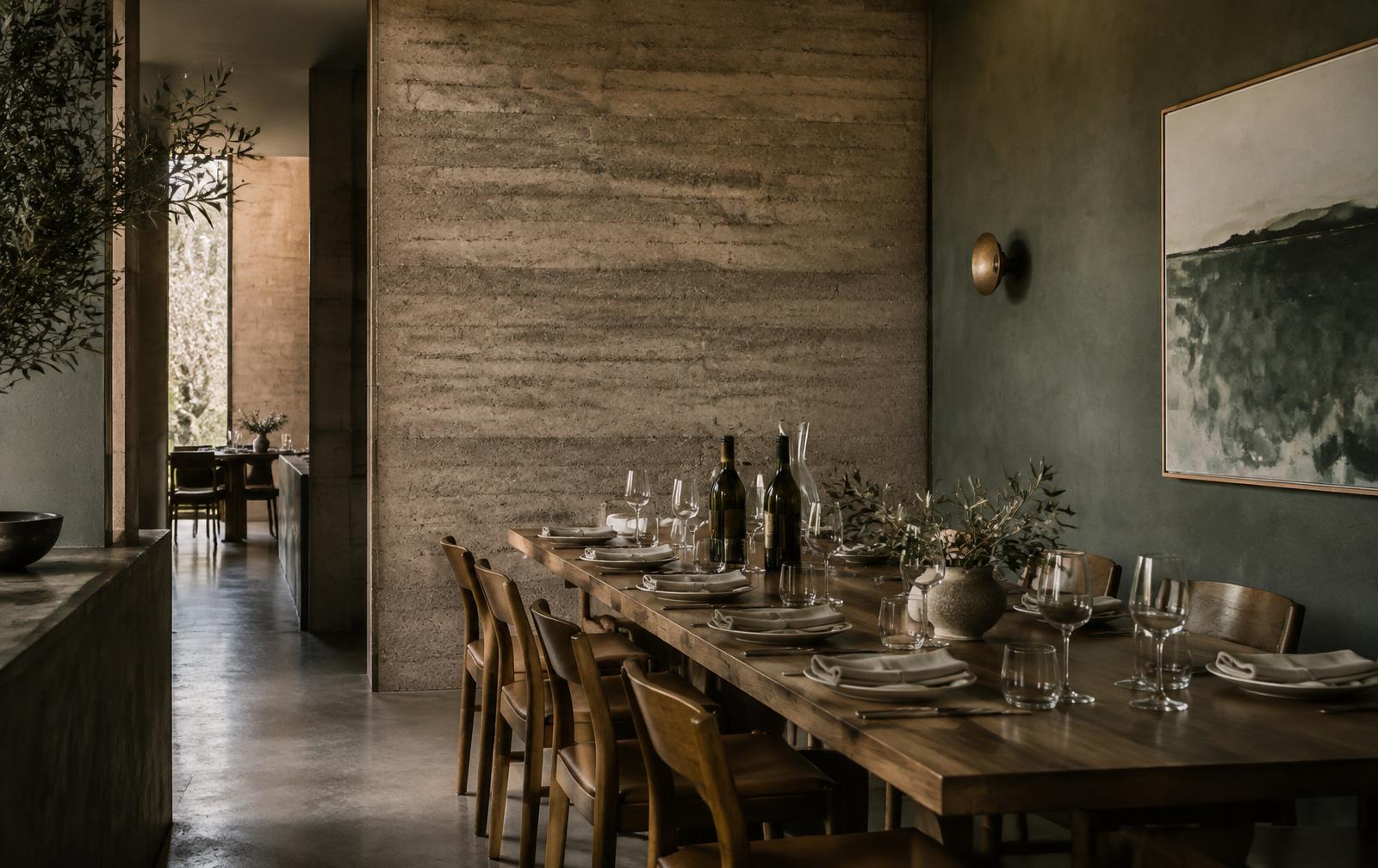 A quiet restaurant dining room set for service, with wine on the table