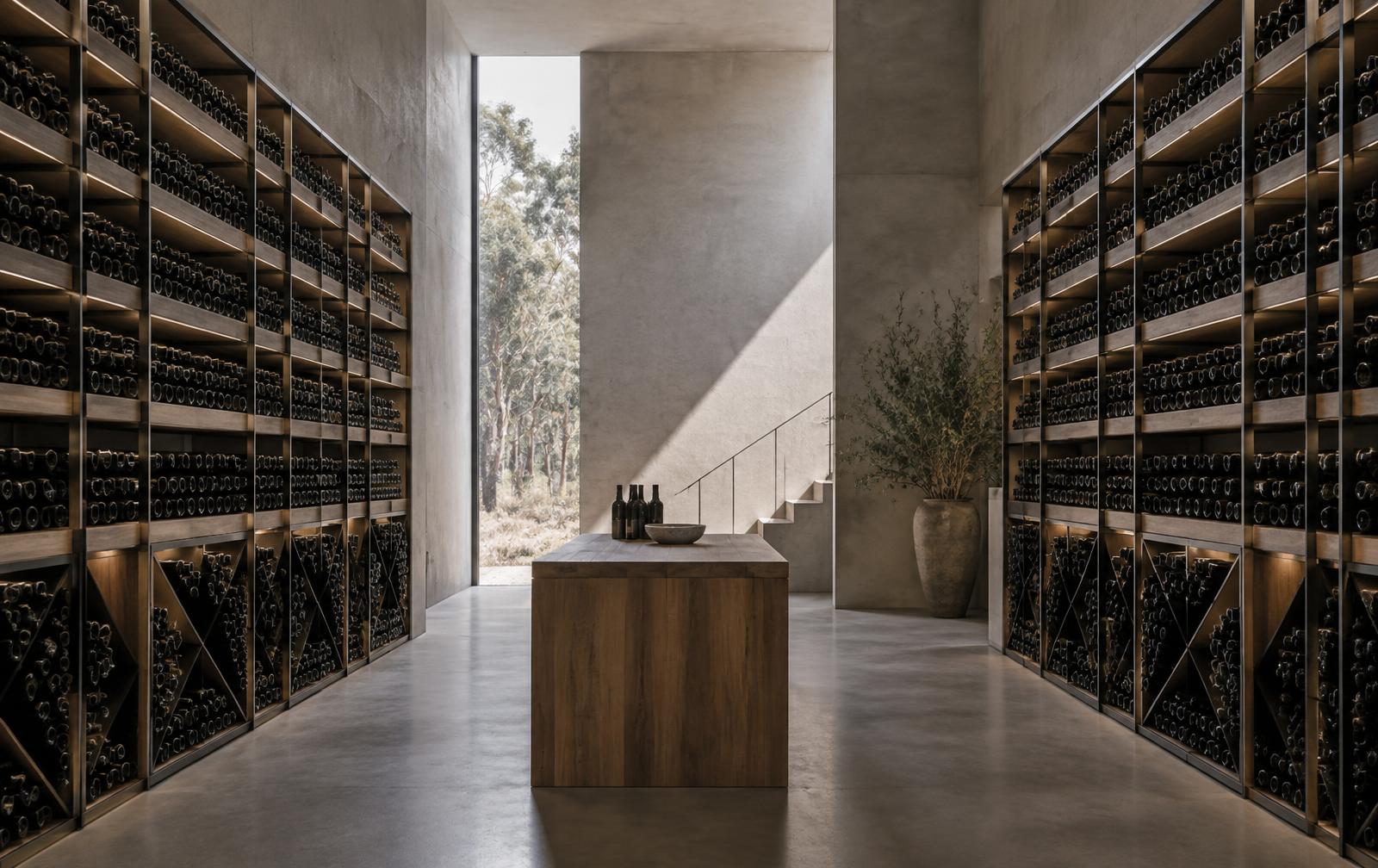 Bottles stored on timber and steel racking in a concrete winery cellar